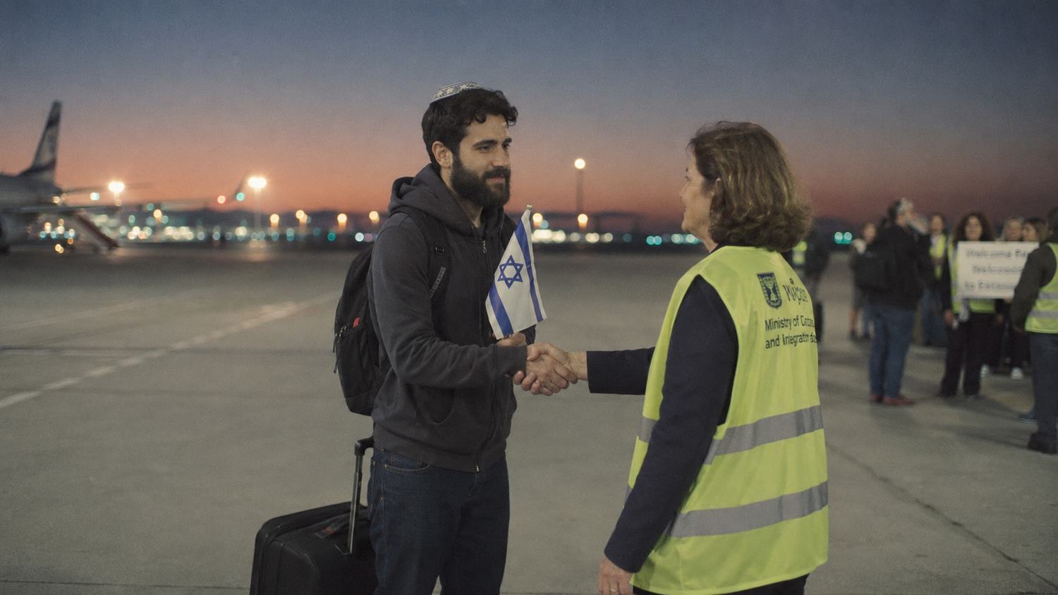 A new immigrant holding an Israeli flag is welcomed on the tarmac by an absorption ministry volunteer at dawn